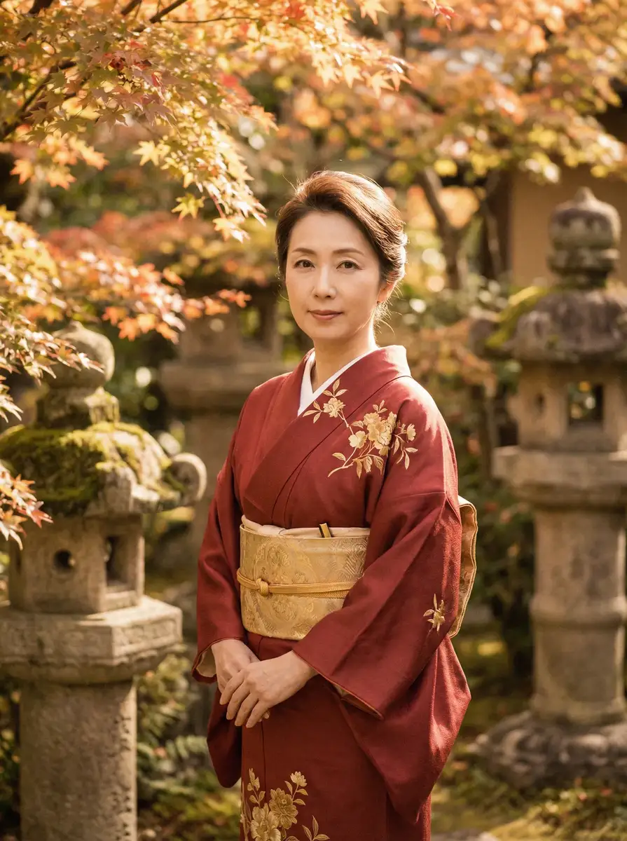 一位身穿暗红色和服的优雅 客厅玩朋友娇妻HD完整版视频 在日式庭院中